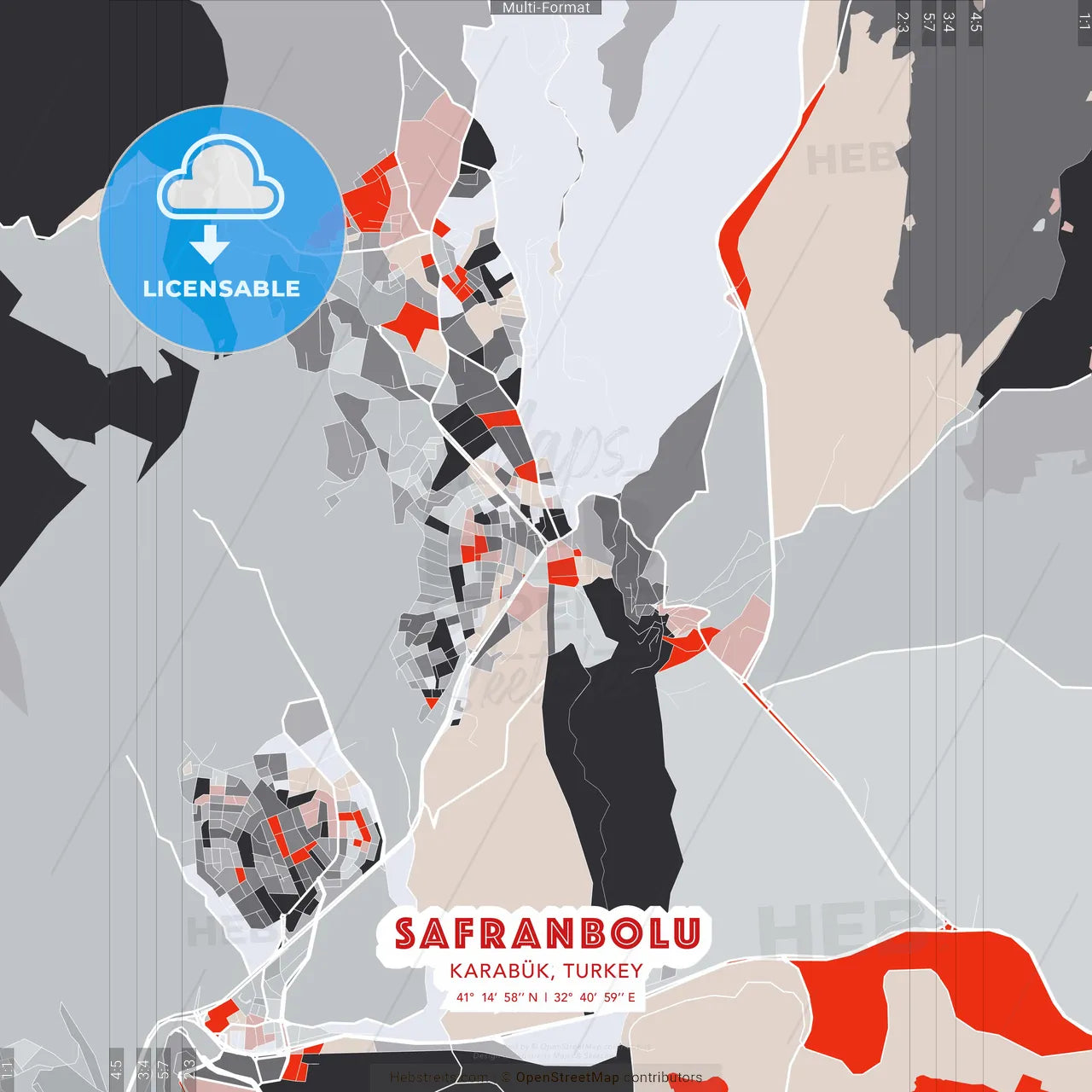 Safranbolu, Karabük, Turkey - modern street map poster template with gray and red tones