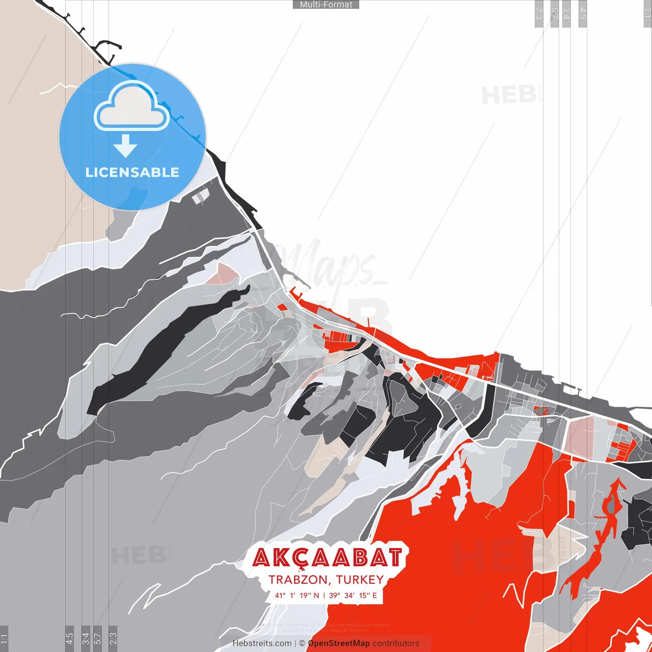 Akçaabat, Trabzon, Turkey - modern street map poster template with gray and red tones