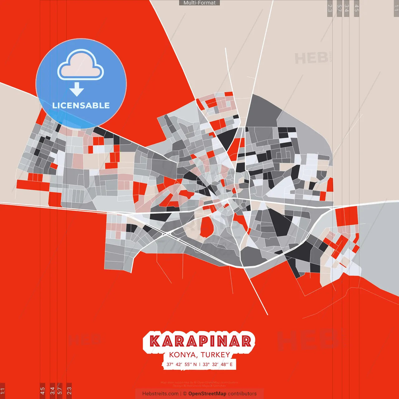 Karapınar, Konya, Turkey - modern street map poster template with gray and red tones