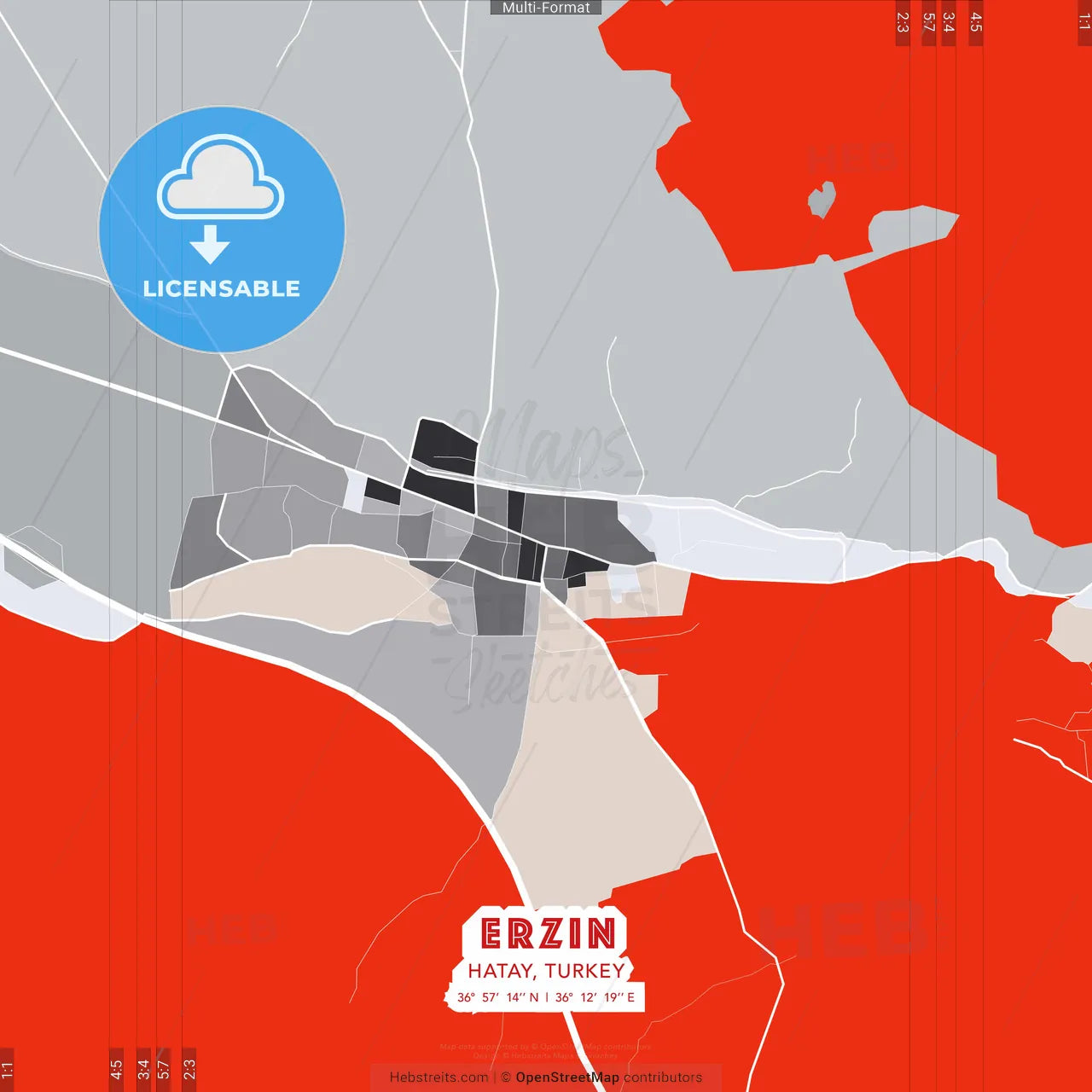 Erzin, Hatay, Turkey - modern street map poster template with gray and red tones