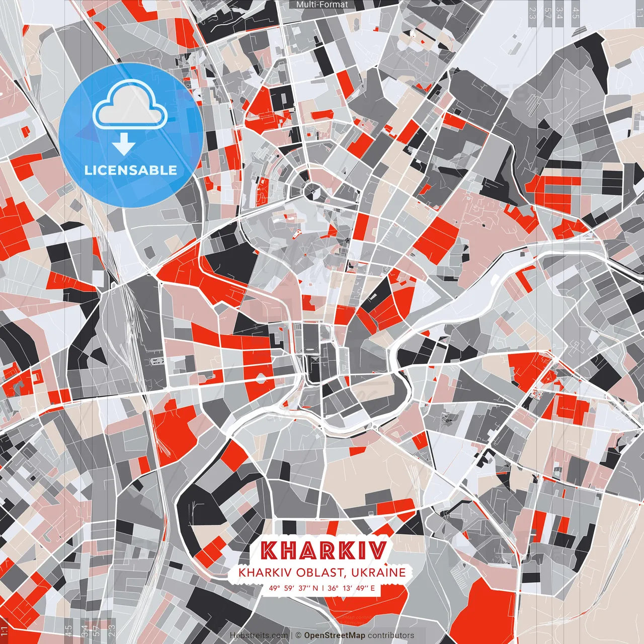 Kharkiv, Kharkiv Oblast, Ukraine - modern street map poster template with gray and red tones