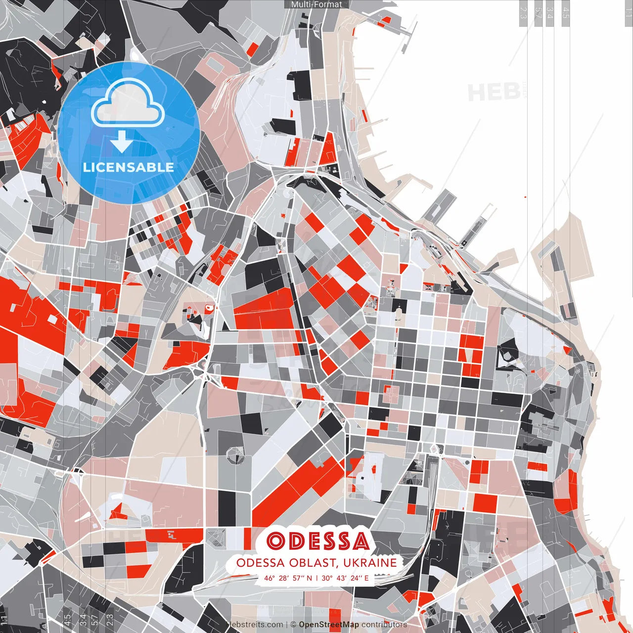 Odessa, Odessa Oblast, Ukraine - modern street map poster template with gray and red tones