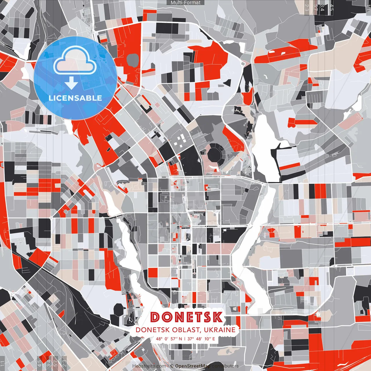 Donetsk, Donetsk Oblast, Ukraine - modern street map poster template with gray and red tones