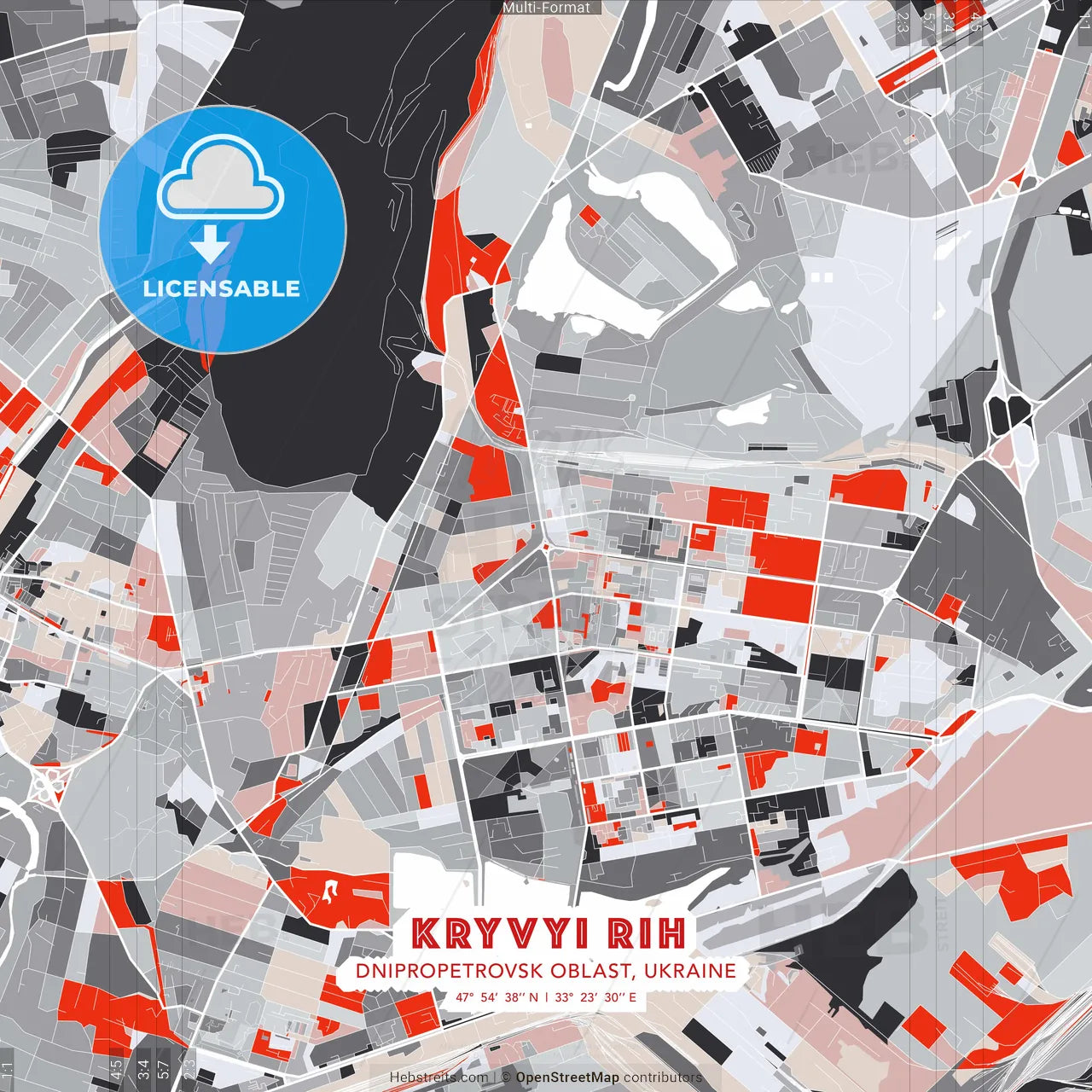 Kryvyi Rih, Dnipropetrovsk Oblast, Ukraine - modern street map poster template with gray and red tones