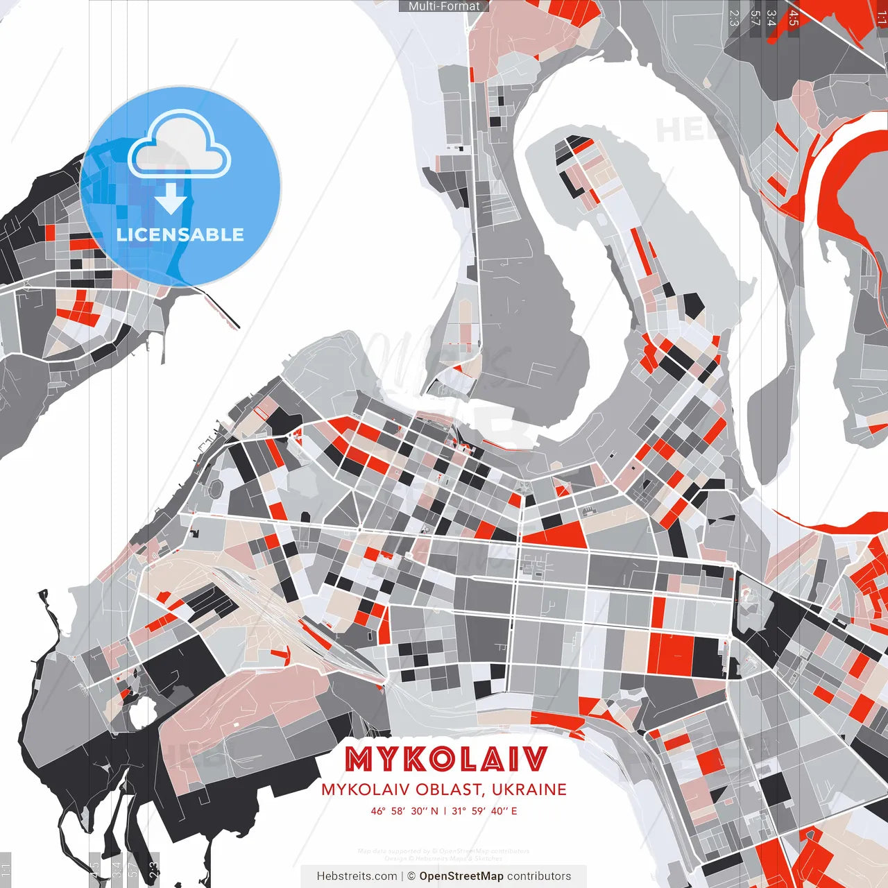 Mykolaiv, Mykolaiv Oblast, Ukraine - modern street map poster template with gray and red tones
