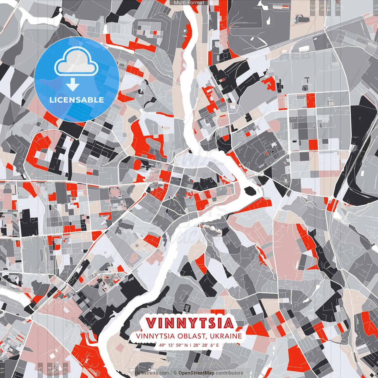 Vinnytsia, Vinnytsia Oblast, Ukraine - modern street map poster template with gray and red tones