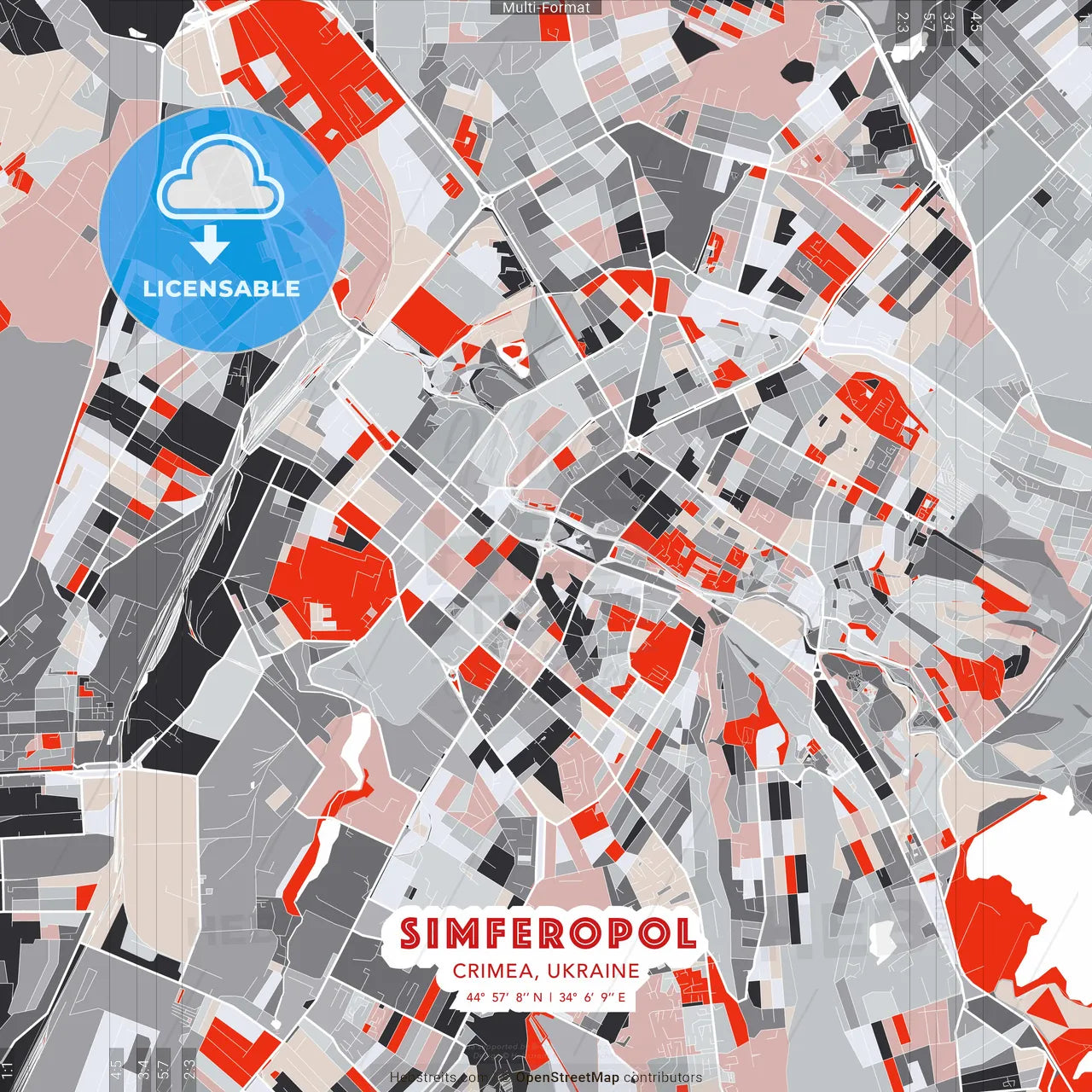 Simferopol, Crimea, Ukraine - modern street map poster template with gray and red tones