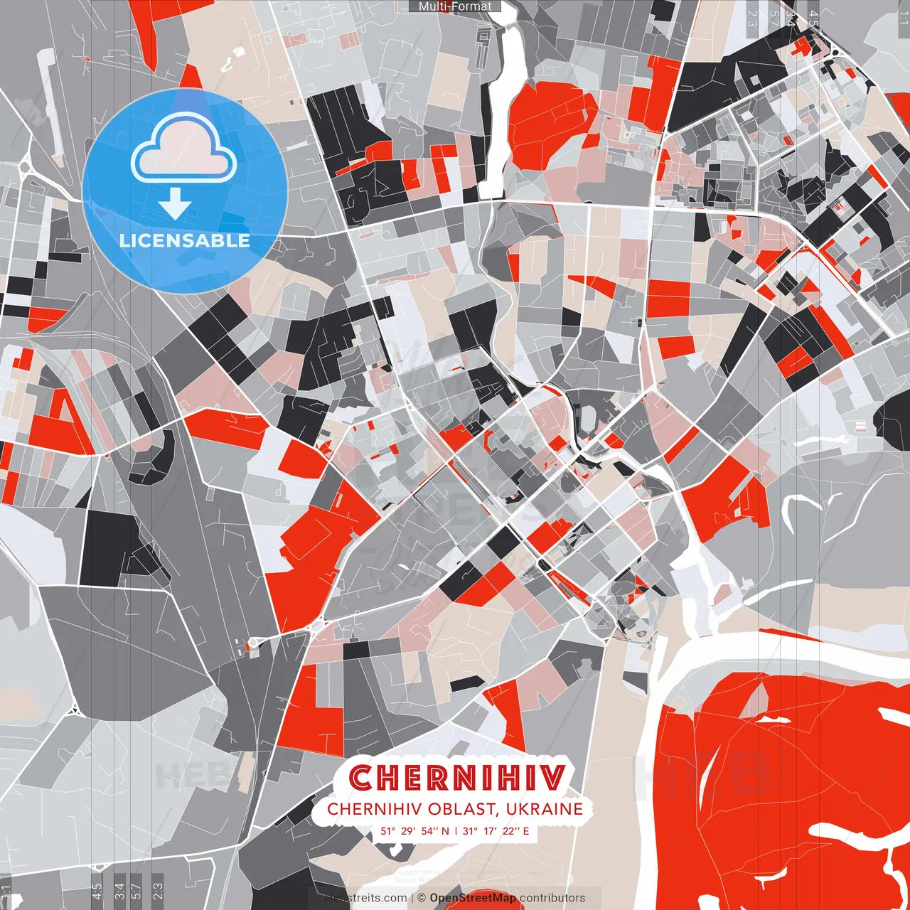 Chernihiv, Chernihiv Oblast, Ukraine - modern street map poster template with gray and red tones