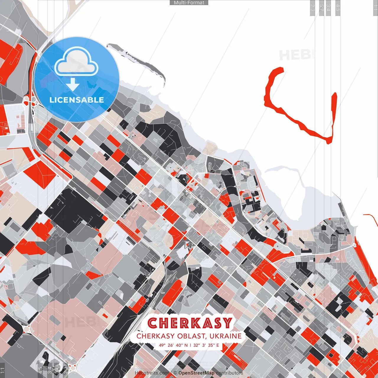 Cherkasy, Cherkasy Oblast, Ukraine - modern street map poster template with gray and red tones