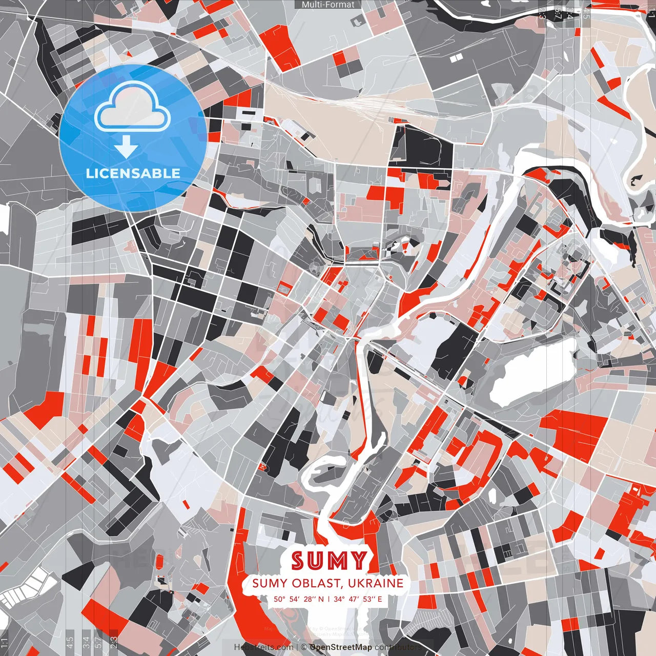 Sumy, Sumy Oblast, Ukraine - modern street map poster template with gray and red tones