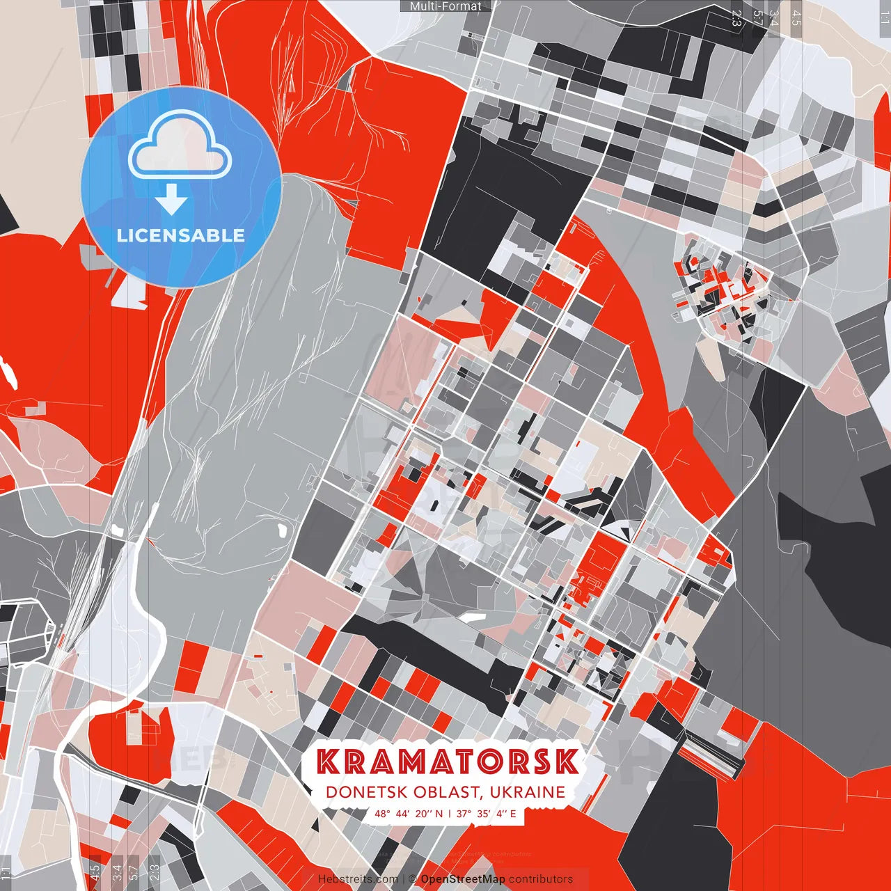 Kramatorsk, Donetsk Oblast, Ukraine - modern street map poster template with gray and red tones