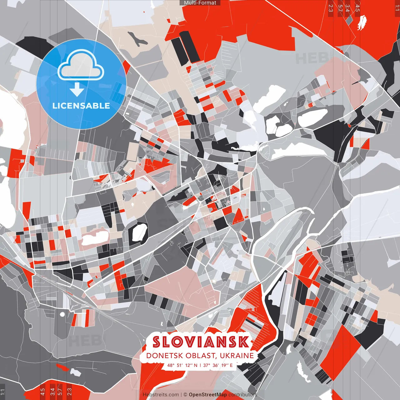 Sloviansk, Donetsk Oblast, Ukraine - modern street map poster template with gray and red tones