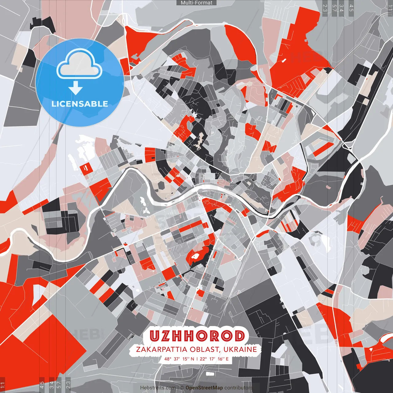 Uzhhorod, Zakarpattia Oblast, Ukraine - modern street map poster template with gray and red tones