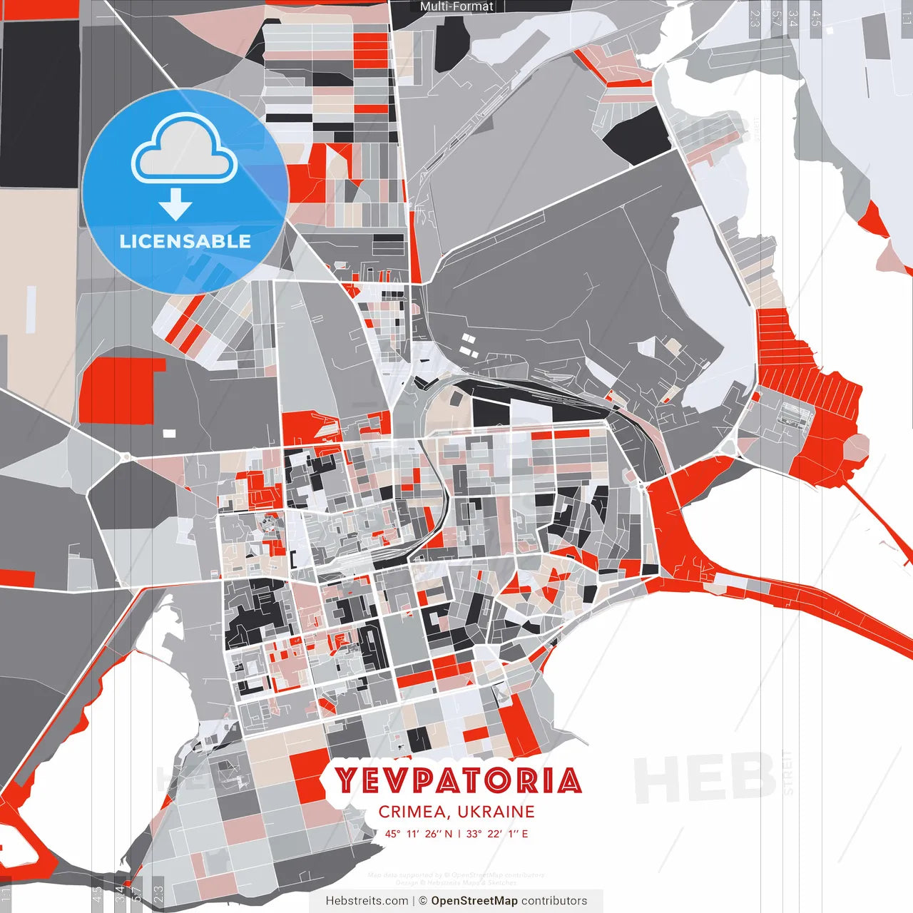 Yevpatoria, Crimea, Ukraine - modern street map poster template with gray and red tones
