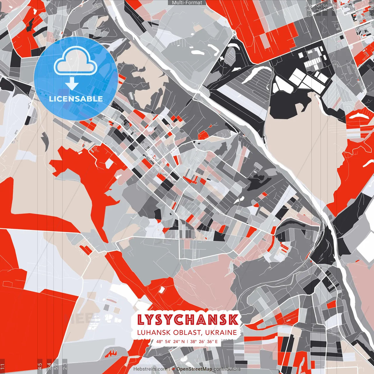 Lysychansk, Luhansk Oblast, Ukraine - modern street map poster template with gray and red tones