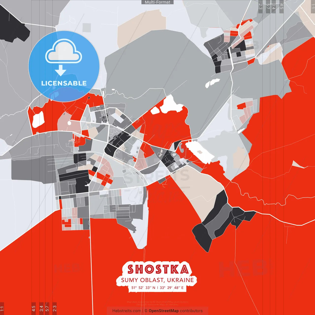 Shostka, Sumy Oblast, Ukraine - modern street map poster template with gray and red tones