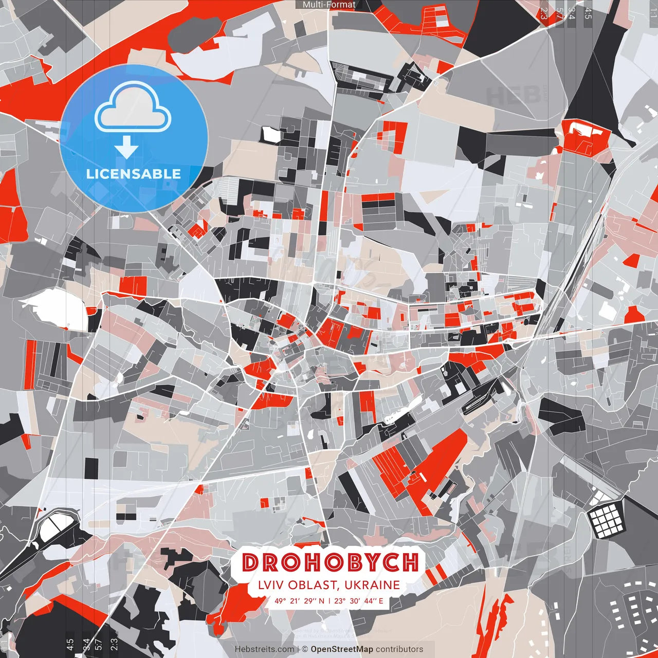 Drohobych, Lviv Oblast, Ukraine - modern street map poster template with gray and red tones