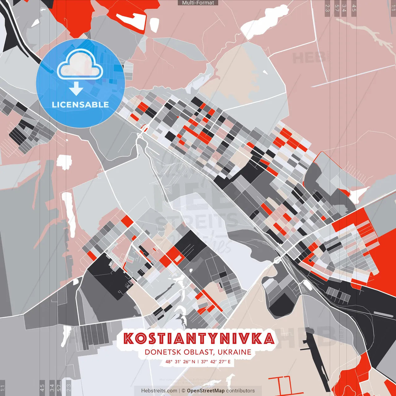 Kostiantynivka, Donetsk Oblast, Ukraine - modern street map poster template with gray and red tones