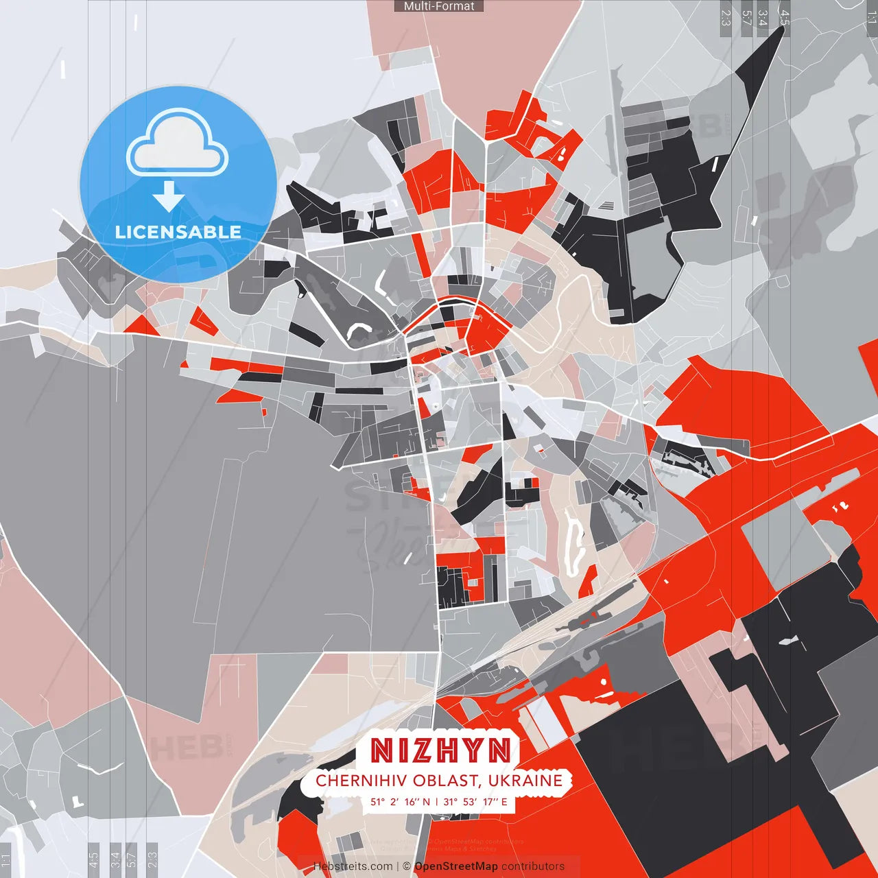 Nizhyn, Chernihiv Oblast, Ukraine - modern street map poster template with gray and red tones