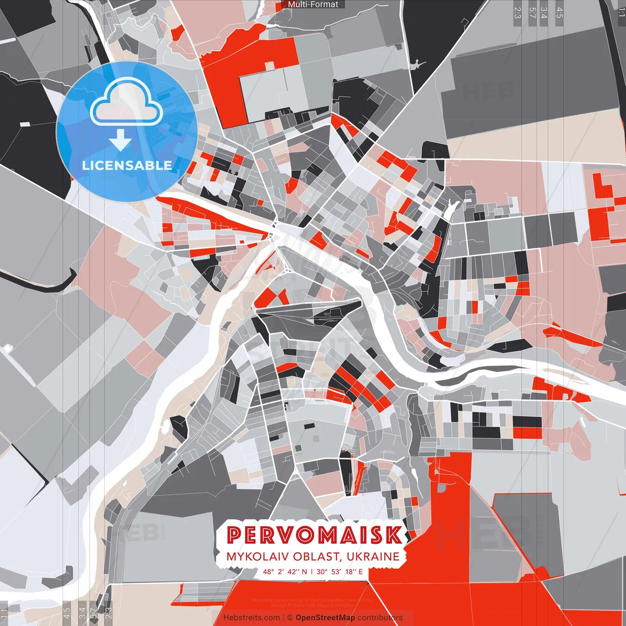 Pervomaisk, Mykolaiv Oblast, Ukraine - modern street map poster template with gray and red tones