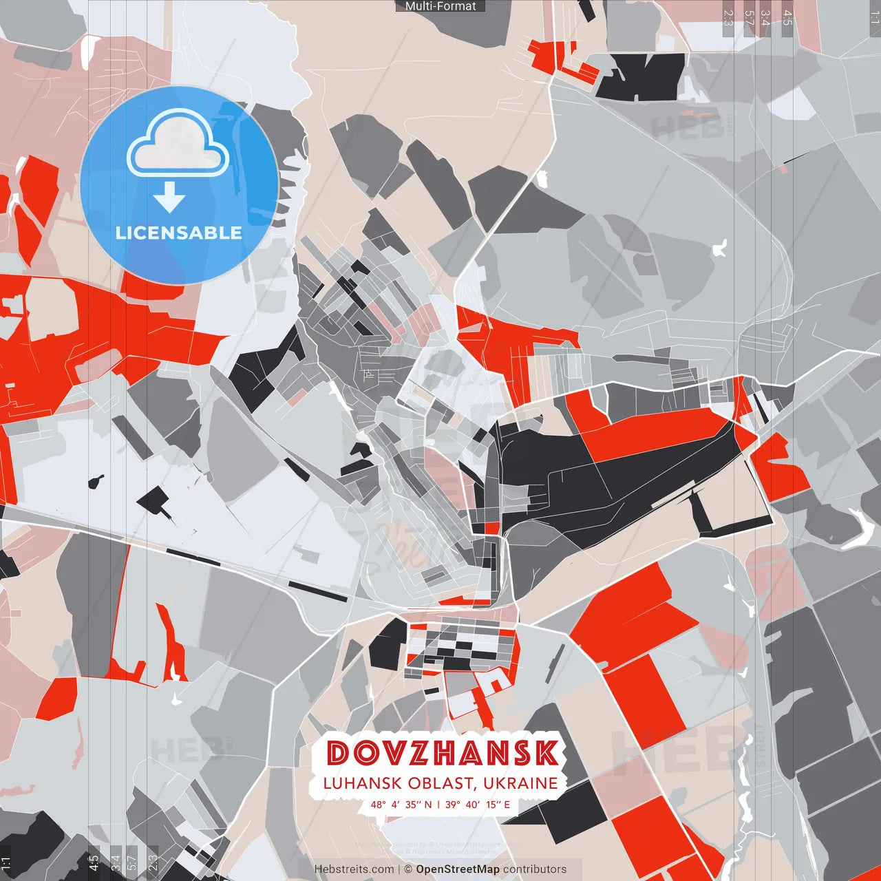 Dovzhansk, Luhansk Oblast, Ukraine - modern street map poster template with gray and red tones