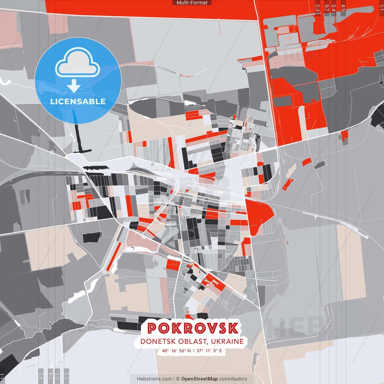 Pokrovsk, Donetsk Oblast, Ukraine - modern street map poster template with gray and red tones