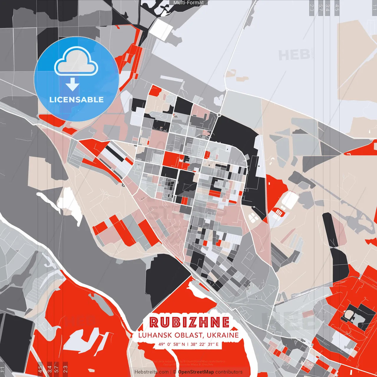 Rubizhne, Luhansk Oblast, Ukraine - modern street map poster template with gray and red tones