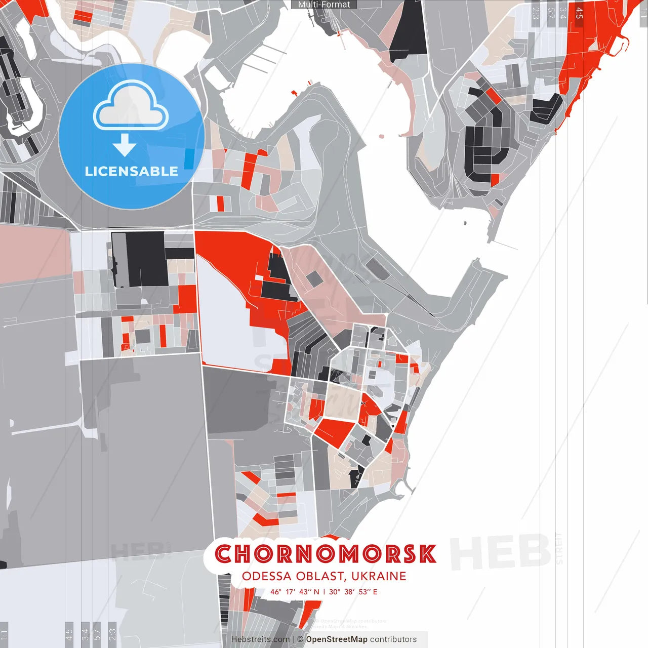 Chornomorsk, Odessa Oblast, Ukraine - modern street map poster template with gray and red tones