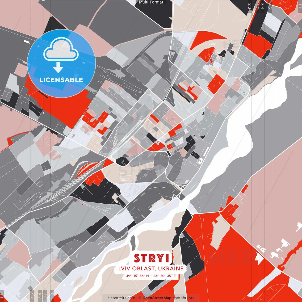 Stryi, Lviv Oblast, Ukraine - modern street map poster template with gray and red tones