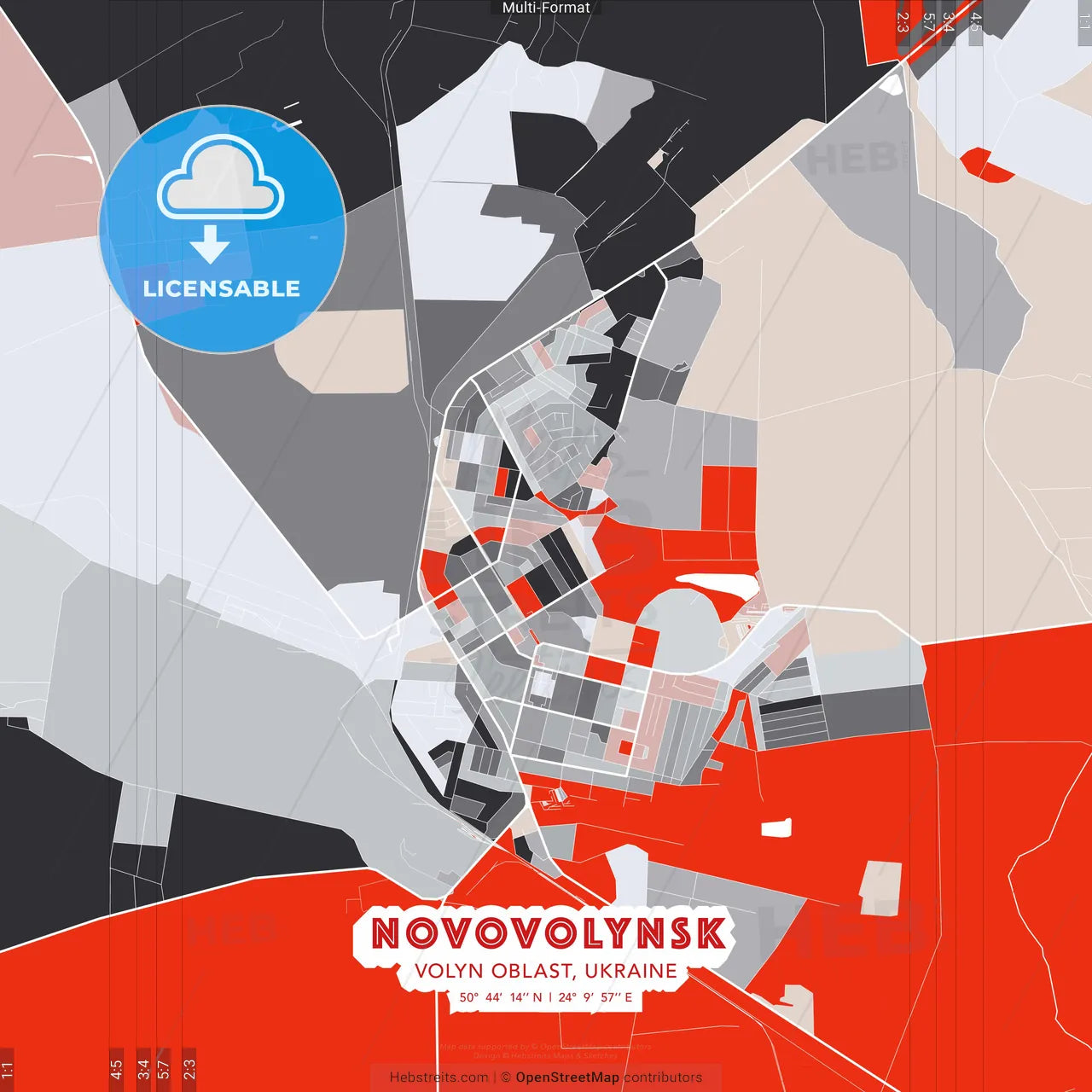 Novovolynsk, Volyn Oblast, Ukraine - modern street map poster template with gray and red tones