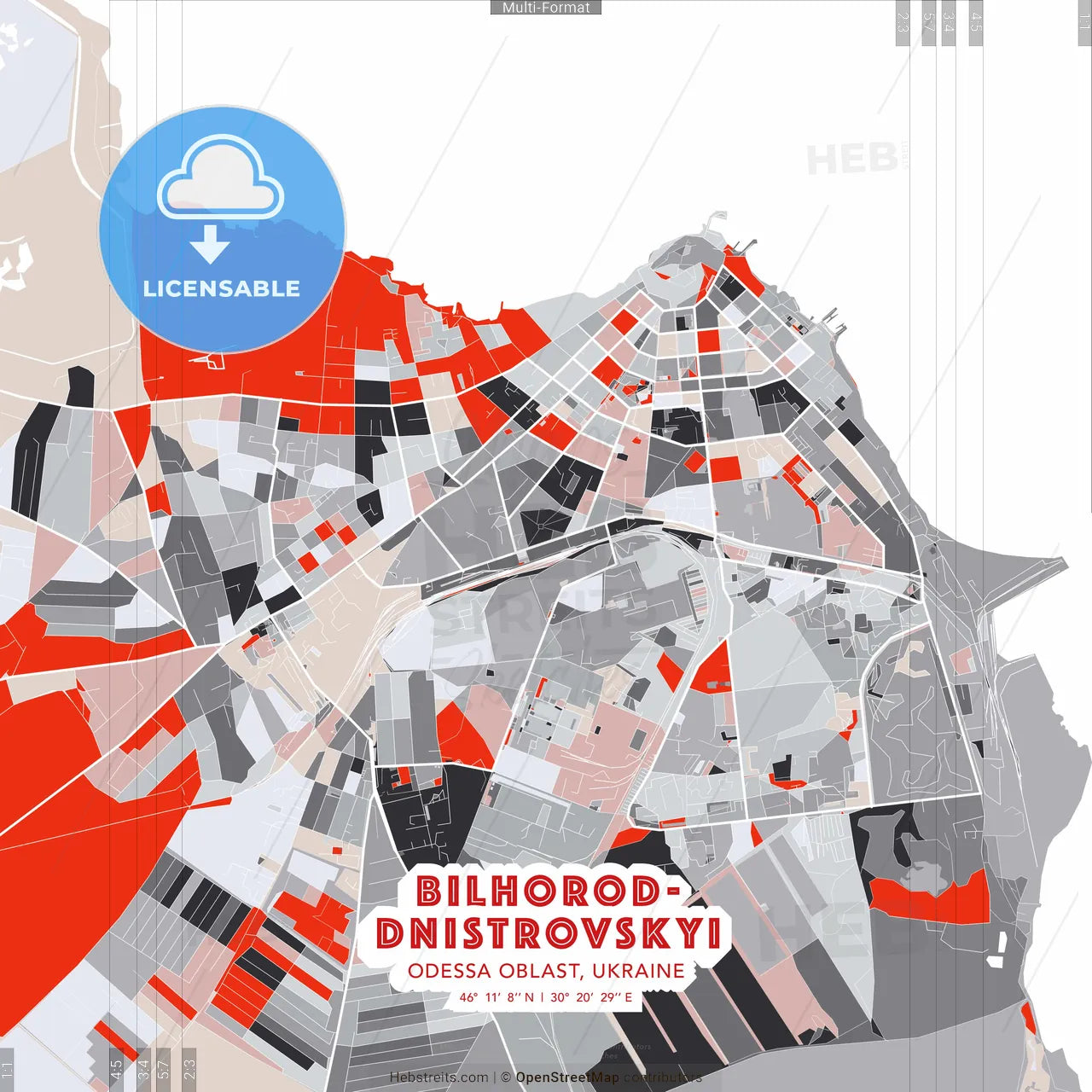 Bilhorod-Dnistrovskyi, Odessa Oblast, Ukraine - modern street map poster template with gray and red tones