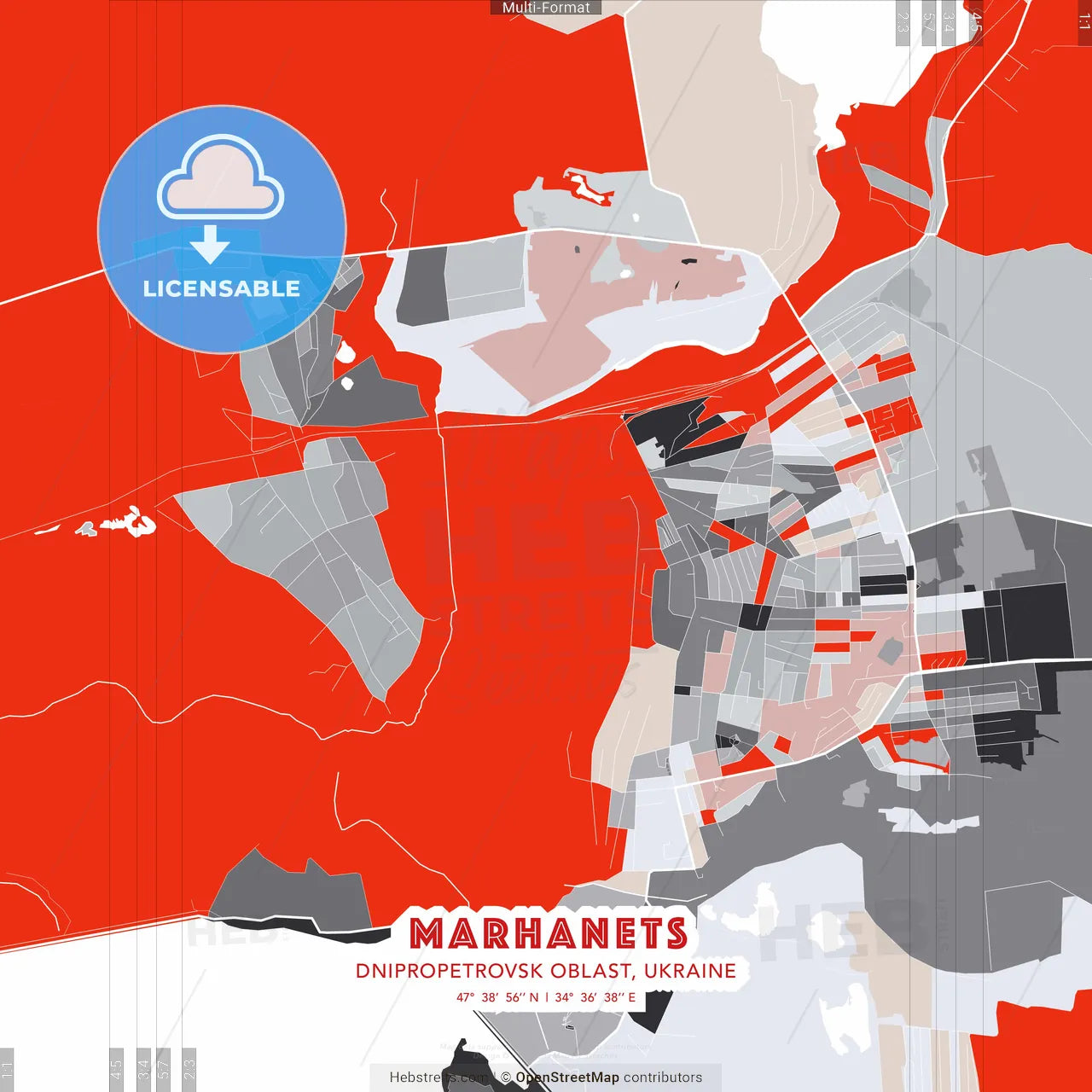 Marhanets, Dnipropetrovsk Oblast, Ukraine - modern street map poster template with gray and red tones