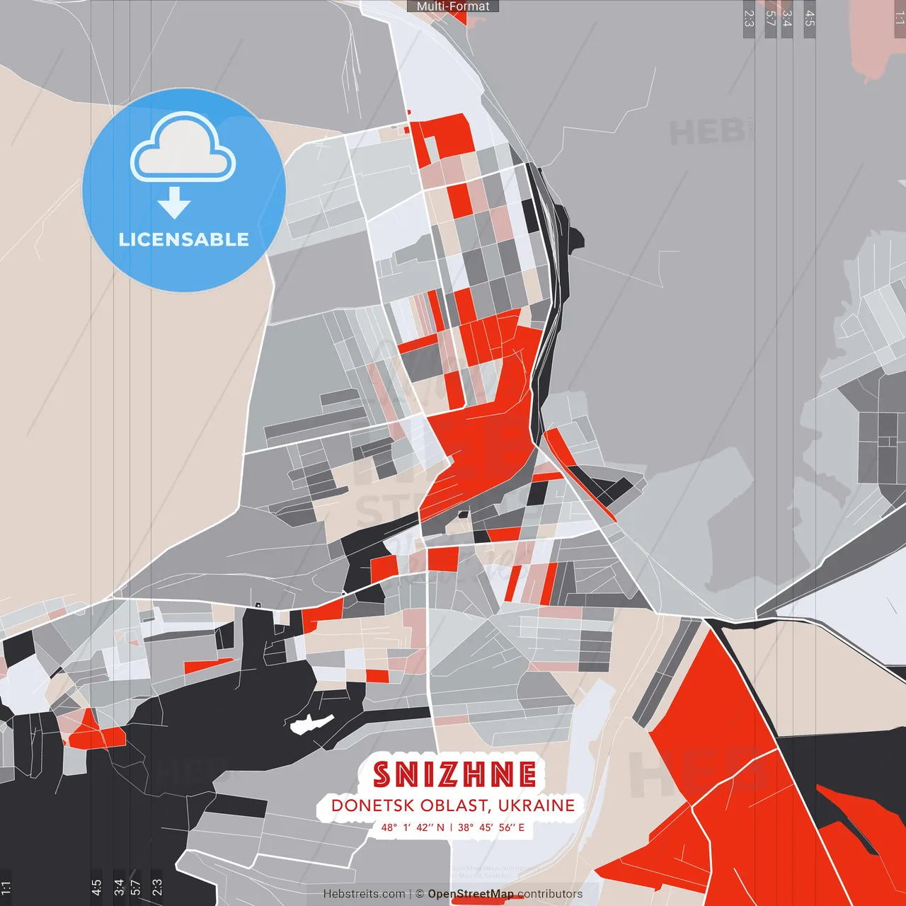 Snizhne, Donetsk Oblast, Ukraine - modern street map poster template with gray and red tones