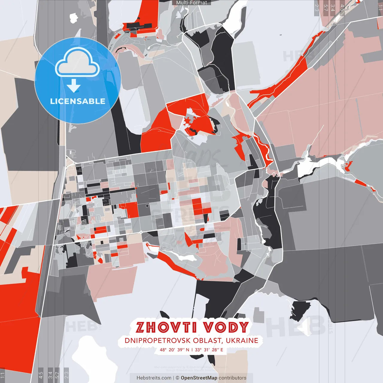 Zhovti Vody, Dnipropetrovsk Oblast, Ukraine - modern street map poster template with gray and red tones
