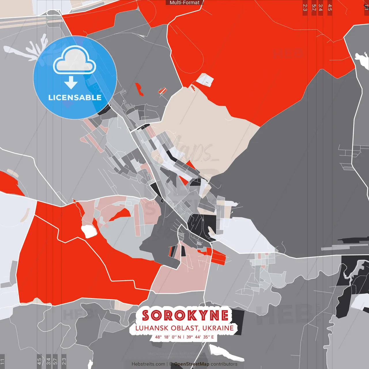 Sorokyne, Luhansk Oblast, Ukraine - modern street map poster template with gray and red tones
