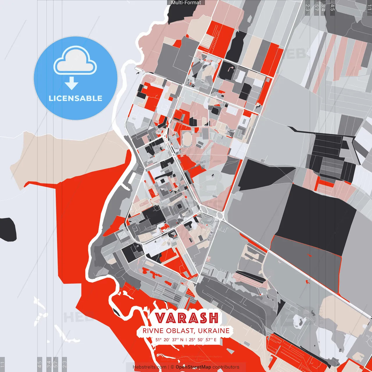 Varash, Rivne Oblast, Ukraine - modern street map poster template with gray and red tones