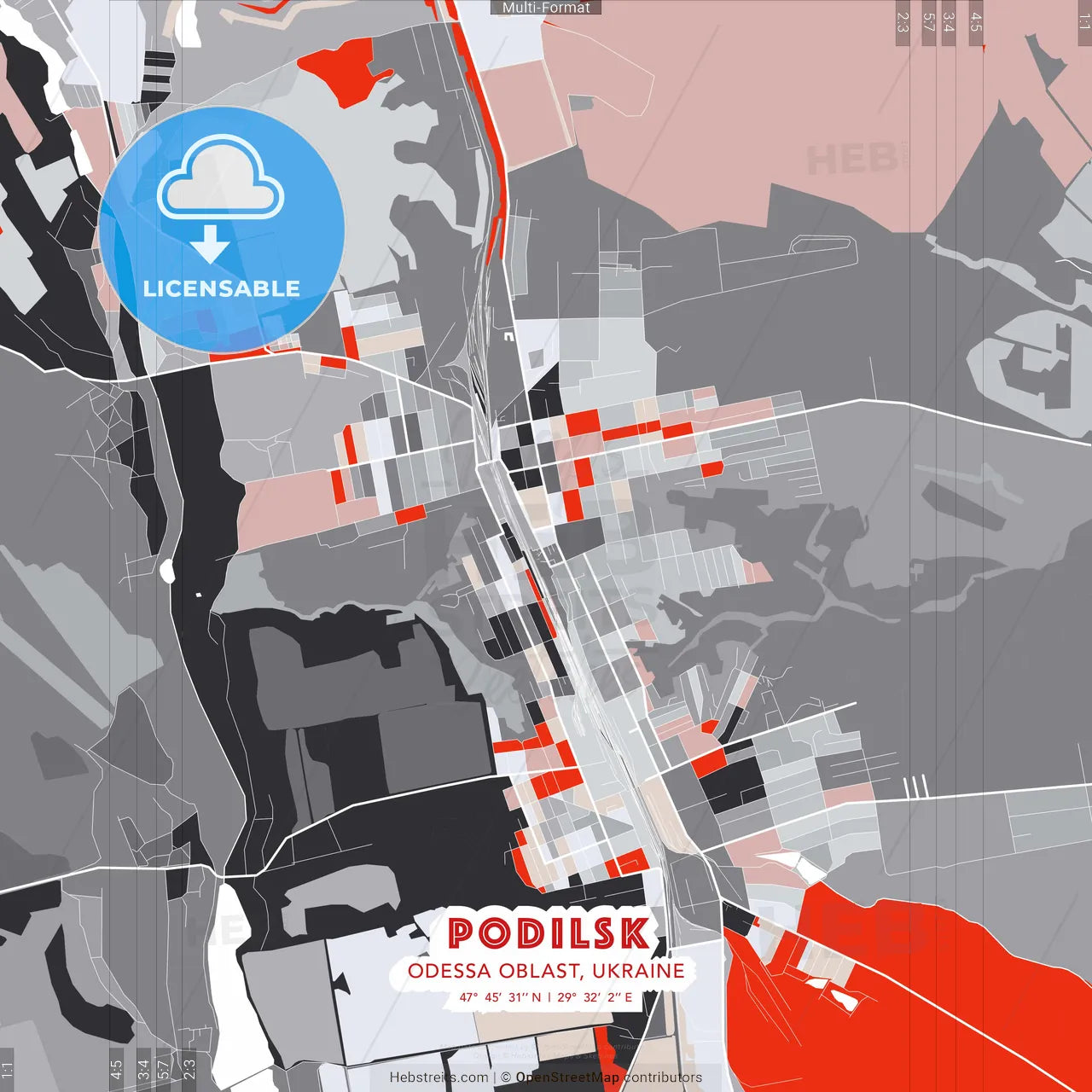 Podilsk, Odessa Oblast, Ukraine - modern street map poster template with gray and red tones