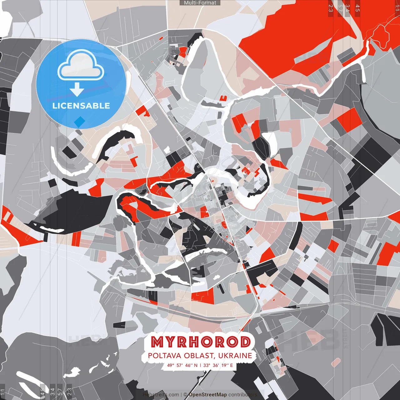 Myrhorod, Poltava Oblast, Ukraine - modern street map poster template with gray and red tones