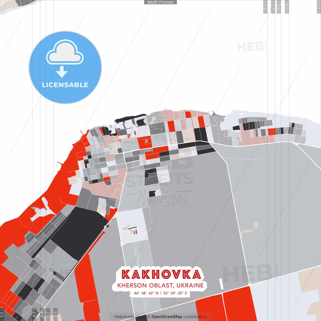Kakhovka, Kherson Oblast, Ukraine - modern street map poster template with gray and red tones