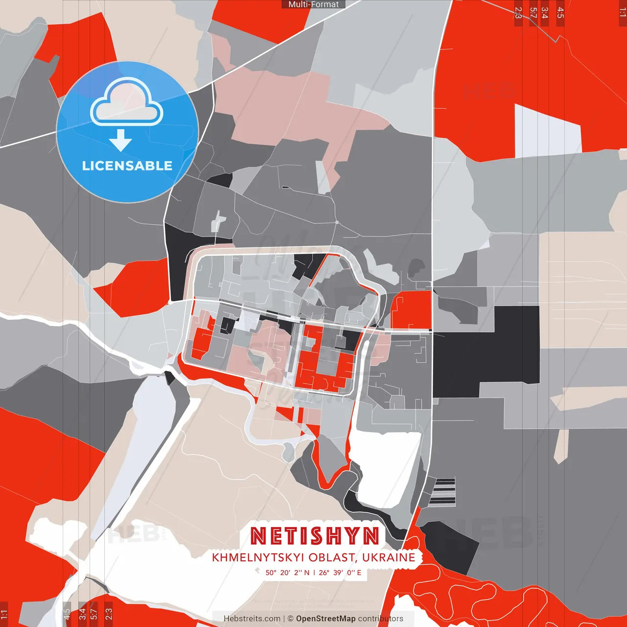 Netishyn, Khmelnytskyi Oblast, Ukraine - modern street map poster template with gray and red tones