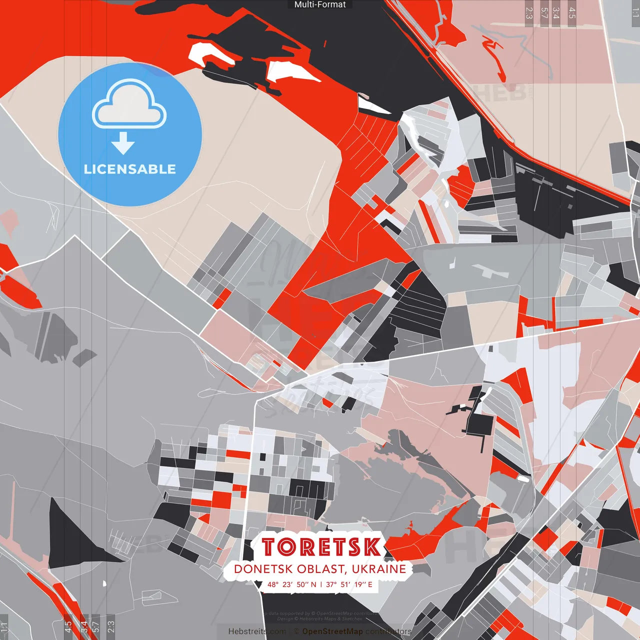 Toretsk, Donetsk Oblast, Ukraine - modern street map poster template with gray and red tones