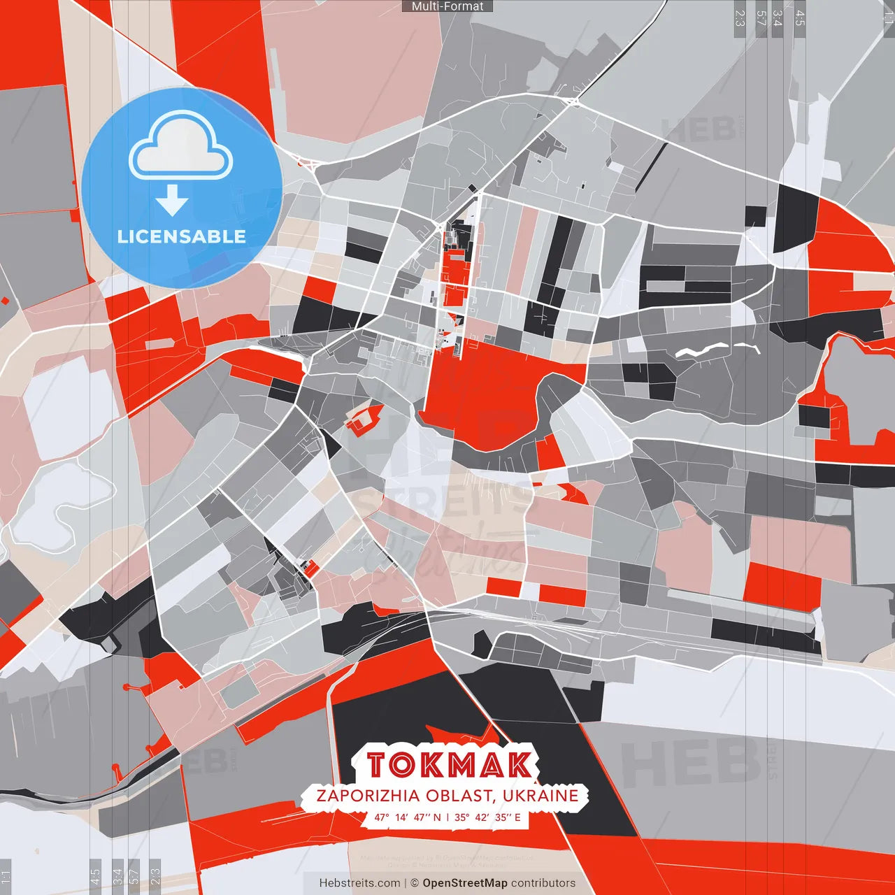 Tokmak, Zaporizhia Oblast, Ukraine - modern street map poster template with gray and red tones