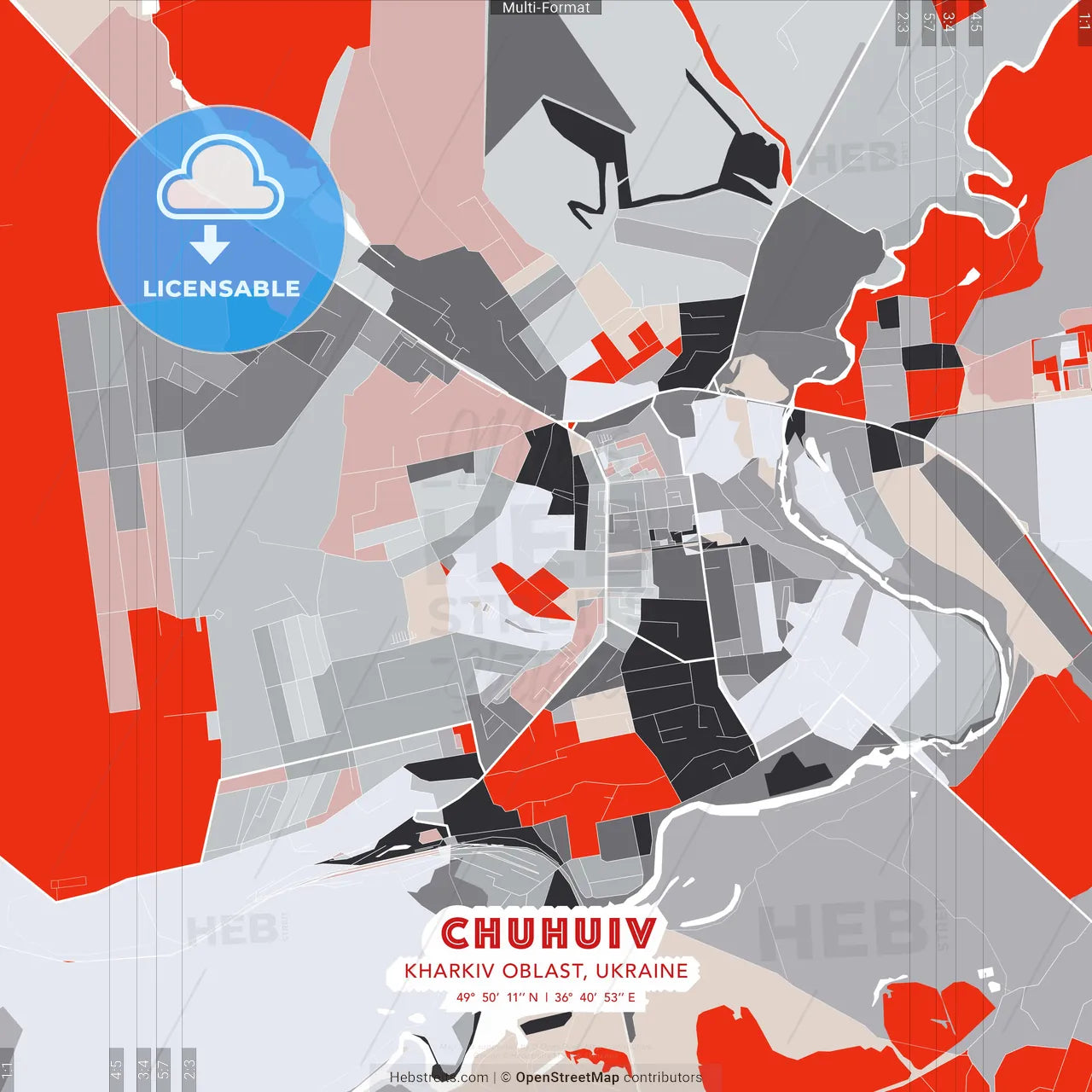 Chuhuiv, Kharkiv Oblast, Ukraine - modern street map poster template with gray and red tones