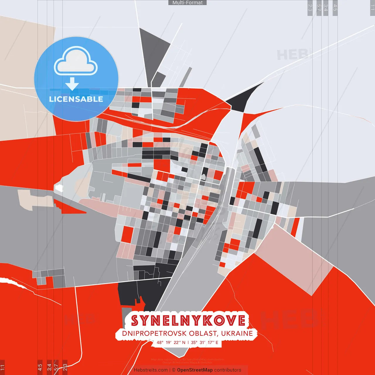 Synelnykove, Dnipropetrovsk Oblast, Ukraine - modern street map poster template with gray and red tones