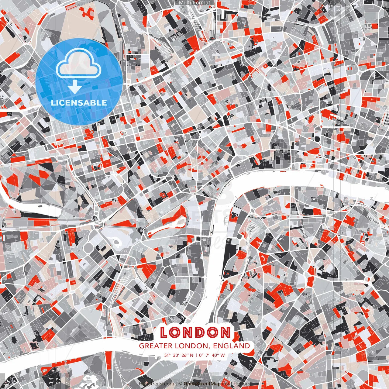 London, Greater London, England - modern street map poster template with gray and red tones