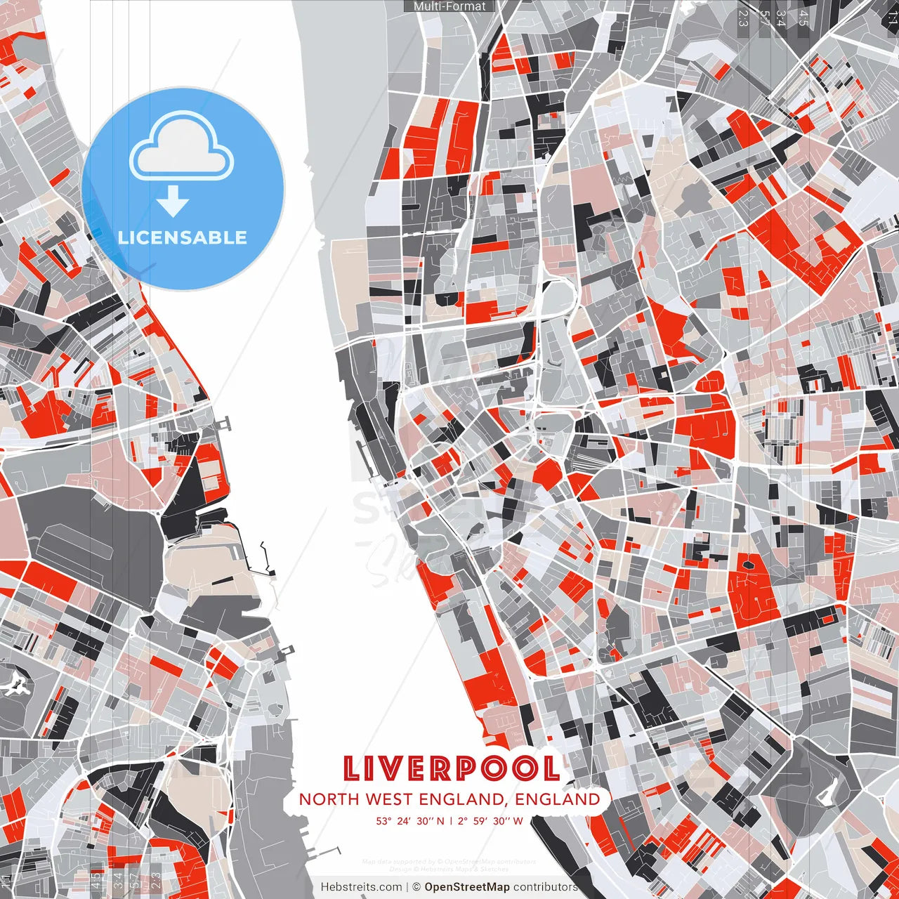 Liverpool, North West England, England - modern street map poster template with gray and red tones