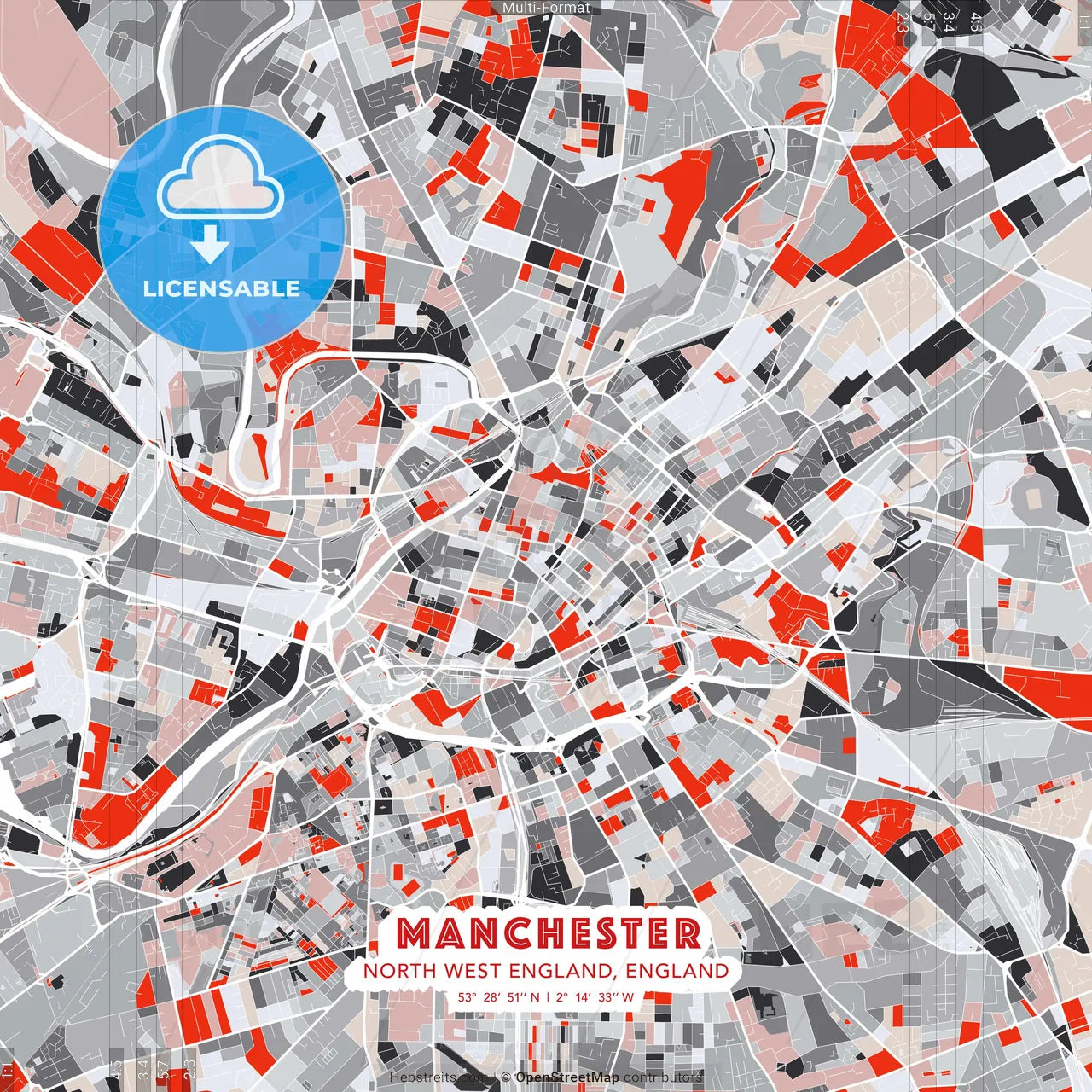 Manchester, North West England, England - modern street map poster template with gray and red tones