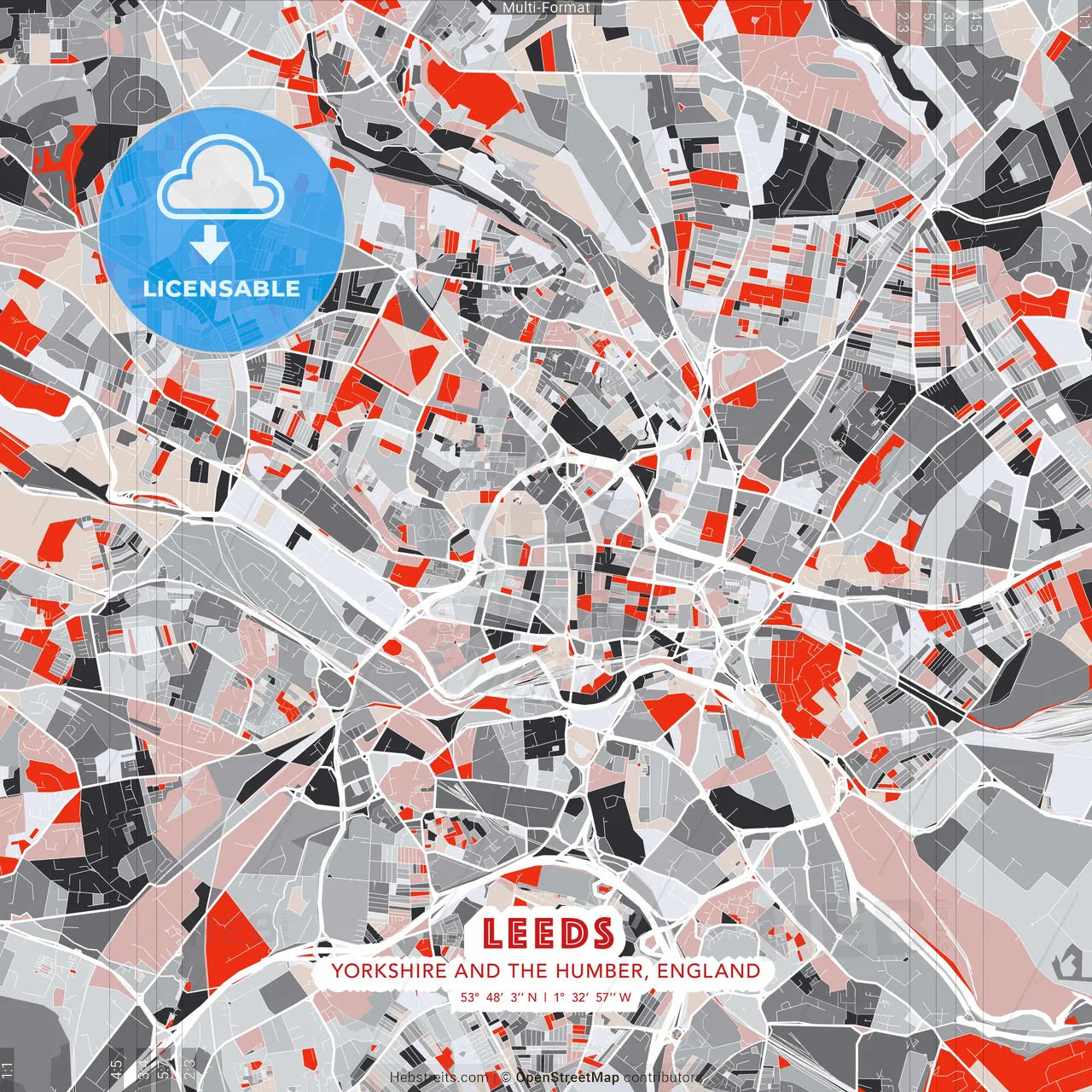 Leeds, Yorkshire and the Humber, England - modern street map poster template with gray and red tones