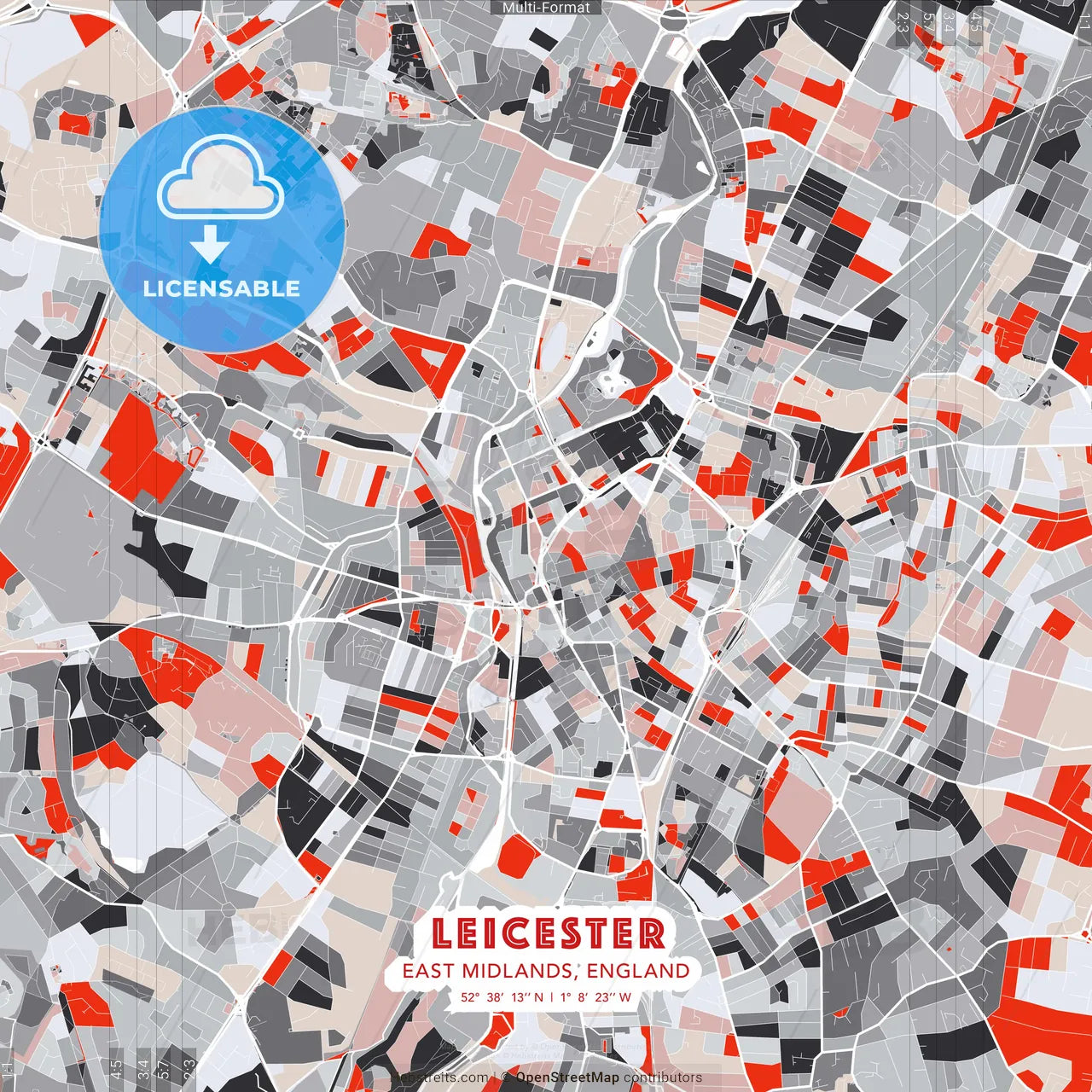 Leicester, East Midlands, England - modern street map poster template with gray and red tones