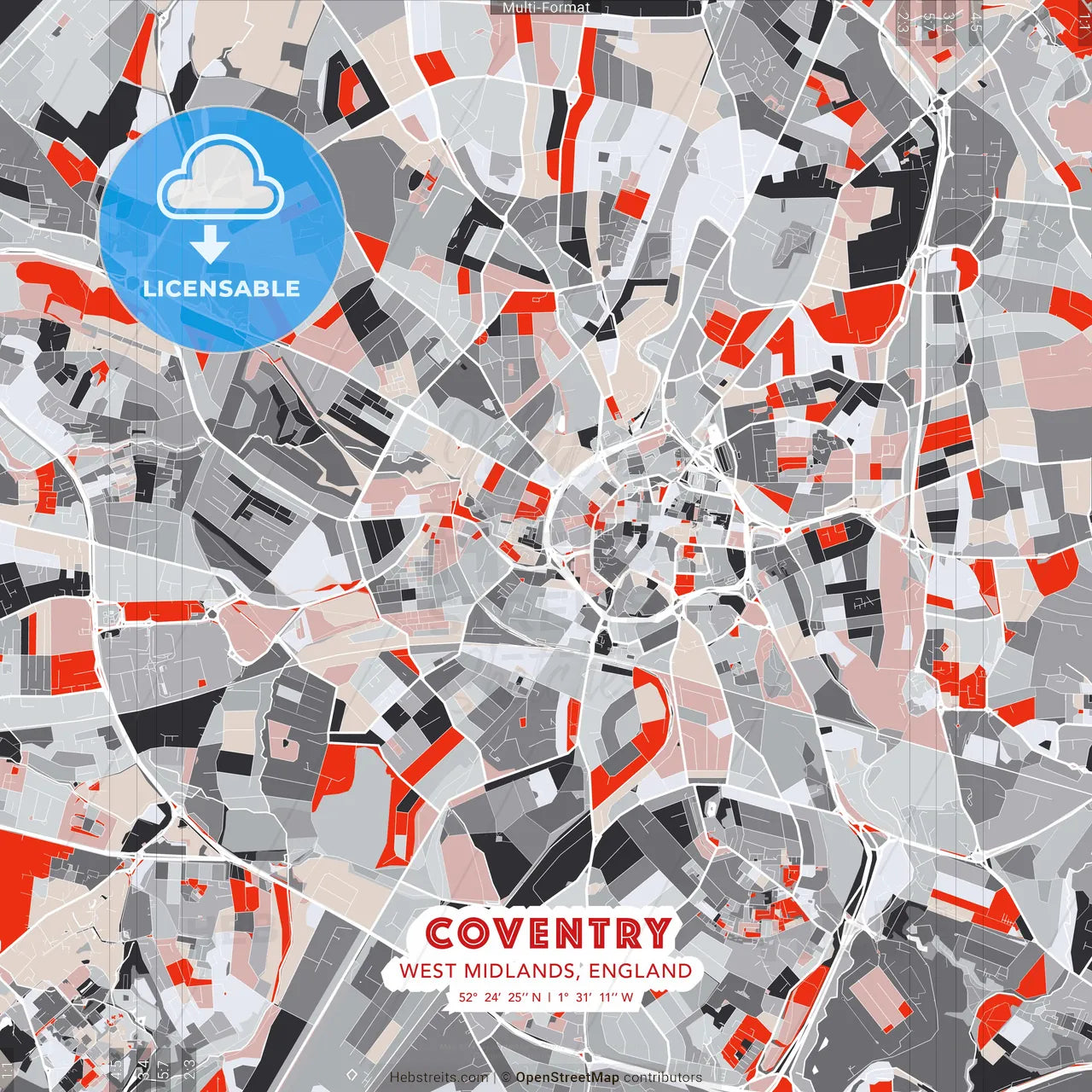 Coventry, West Midlands, England - modern street map poster template with gray and red tones